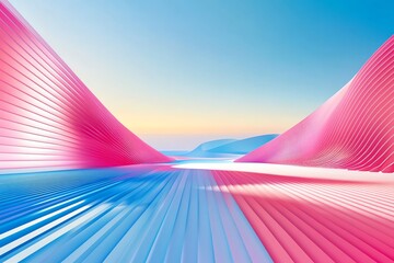 Fototapete - Abstract futuristic landscape with pink and blue shapes under a bright blue sky.