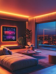 Poster - This modern living room showcases customizable smart lighting and touch panels, creating a cozy atmosphere against a city skyline backdrop. Generative AI