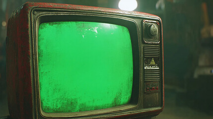 Poster - close up of artistic 3d rendered old classic television with green screen on the side of composition surrounded in ruined empty room dynamic cinematic lighting chroma key tv footage