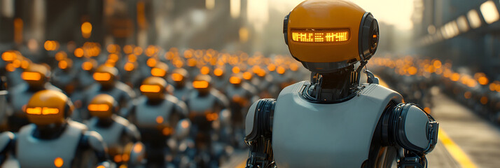 Leinwandbilder - A lone futuristic robot standing amidst a dense crowd of people on a busy city street,surrounded by the hustle and bustle of urban infrastructure and transportation. The contrast between the advanced.