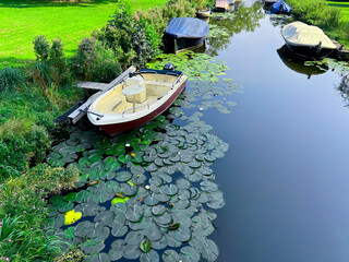 Wall Mural - beautiful view of canal with moored boats