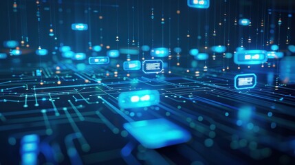 Poster - digital connections, data flow, technology background with glowing blue patterns and connections in a futuristic setting, representing networking and information exchange