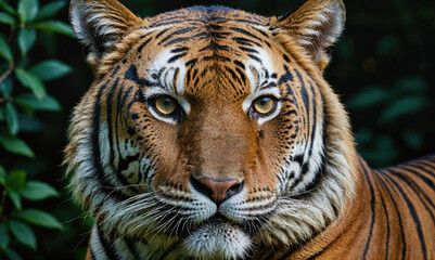Wall Mural - a tiger stares intently into the camera, its orange and black stripes blending with the foliage behi