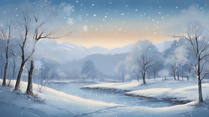 Wall Mural - Magical Winter Wonderland with Sparkling Snowflakes and Icy Blue Tones