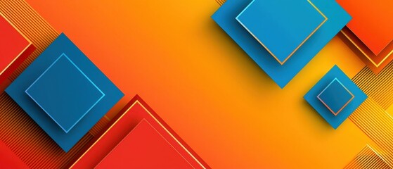 Aufkleber - Abstract design with overlapping blue and red squares on a vibrant orange gradient background.