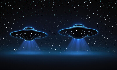 Wall Mural - Two unidentified flying objects hover over a planet, shining bright beams of light