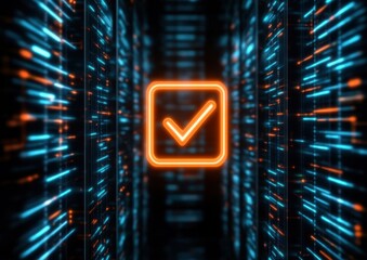 Poster - A digital scene featuring a glowing orange checkmark icon amidst vibrant blue and orange data streams, symbolizing verification or confirmation.