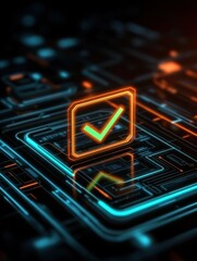 Poster - A glowing, digital check mark symbol over a circuit board background, representing confirmation, success, or approval in a tech-related context.