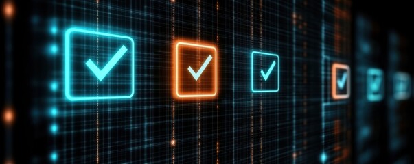 Poster - A digital display of glowing checkboxes showcasing completion or approval, with a futuristic design and contrasting colors of blue and orange.