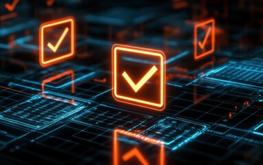 Poster - A futuristic digital scene showcasing glowing check marks on a technological grid, symbolizing verification and approval in a cyber environment.