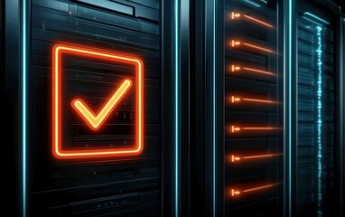 Poster - A glowing orange checkmark icon against a dark, high-tech background, suggesting approval or completion in a digital environment.