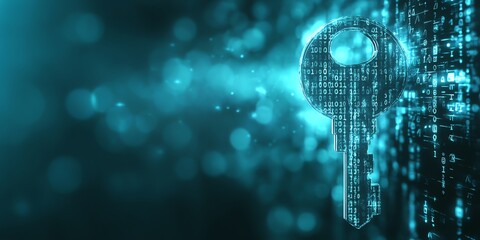 Aufkleber - Digital key with code on a blue background with bokeh effect.