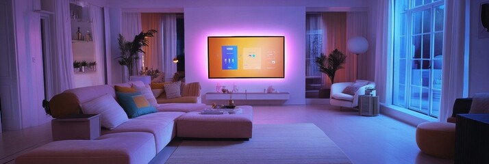 Wall Mural - A stylish modern living room features customizable ambient smart lighting and touch panels, creating a cozy and inviting atmosphere. Generative AI