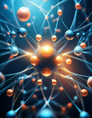 Poster - A complex network of interconnected spheres and lines, representing a neural network or a molecule. Generative AI.