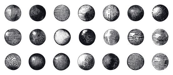 Wall Mural - dotted balls hand-drawn linocut grunge texture vector set white background distressed decorative art