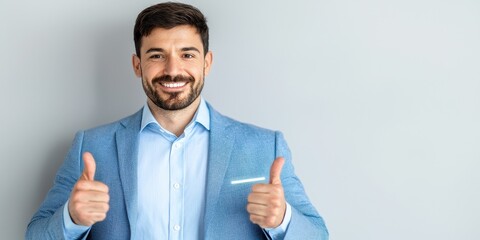 Confident young man in a blue suit giving thumbs up against a gray background.