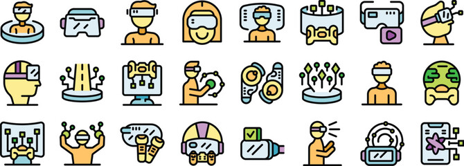 Poster - Icons depicting diverse individuals engaging with virtual reality technology, showcasing gaming, exploration, and other interactive experiences