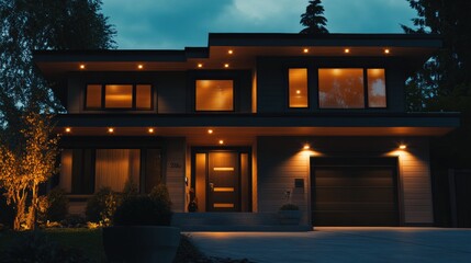 Aufkleber - The sleek modern house features glowing alarm lights on doors and windows, creating a secure, inviting atmosphere during nighttime. Generative AI