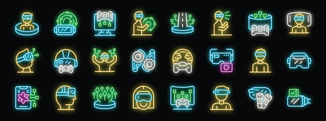 Poster - Neon icons representing virtual reality technology, metaverse exploration, and gaming experiences