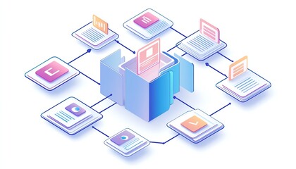 Fototapete - Digital document and folder icons interconnected, isolated on a clean white background, symbolizing efficient file organization and data management