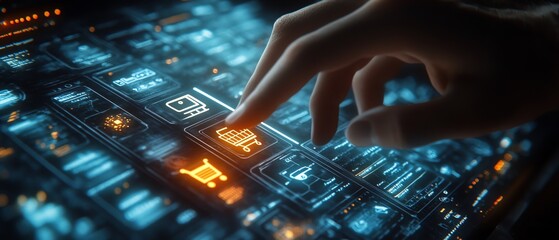 Poster - Digital ecommerce interaction with a man s finger on a glowing hologram displaying shopping cart and retail icons, modern technology