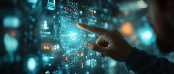 Aufkleber - Digital shopping concept with a man s finger activating a glowing hologram displaying shopping cart and ecommerce icons
