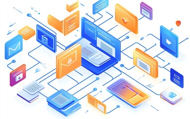 Aufkleber - File organization concept with digital document and folder icons linked on white background, visualizing efficient data management system