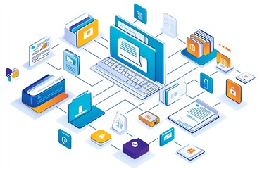 Poster - File organization concept with digital document and folder icons linked on white background, visualizing efficient data management system