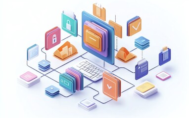 Aufkleber - File organization concept with digital document and folder icons linked on white background, visualizing efficient data management system