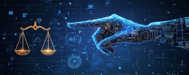 Leinwandbilder - Futuristic digital interface with hand interacting with AI and legal icons on a blue background, representing legal innovations