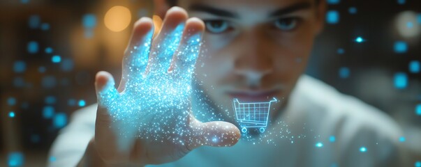 Poster - Futuristic ecommerce concept with a man s finger touching a hologram displaying shopping cart and digital retail icons