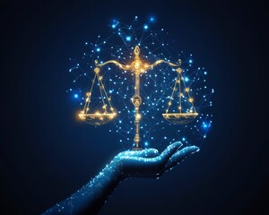 Poster - Hand engaging with glowing AI and legal icons on a dynamic blue background, showcasing the future of legal technology