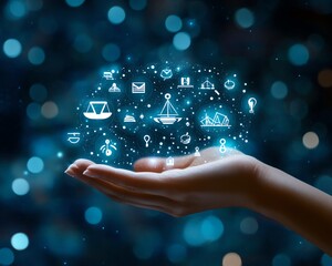 Leinwandbilder - Hand engaging with glowing AI and legal icons on a dynamic blue background, showcasing the future of legal technology