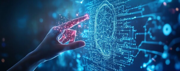 Poster - Hand touching digital AI and legal icons on a blue background, highlighting the fusion of technology and legal systems