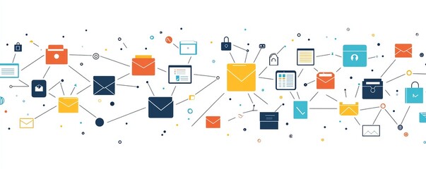 Poster - Isolated digital document and folder icons interconnected on a clean white background, illustrating modern file and data organization
