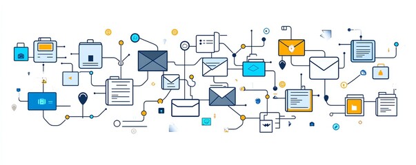 Poster - Isolated digital document and folder icons interconnected on a clean white background, illustrating modern file and data organization