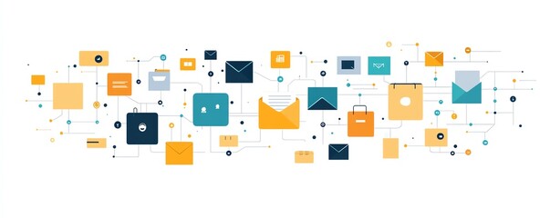 Poster - Isolated digital document and folder icons interconnected on a clean white background, illustrating modern file and data organization