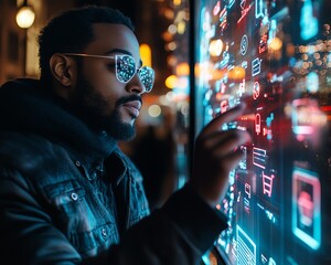 Poster - Man interacting with a glowing hologram, showcasing shopping cart and ecommerce icons, representing the future of online shopping