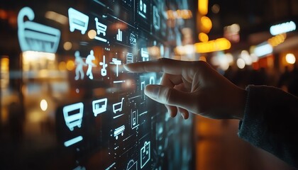 Aufkleber - Mans finger touching a glowing hologram with shopping cart and ecommerce icons, futuristic digital shopping experience