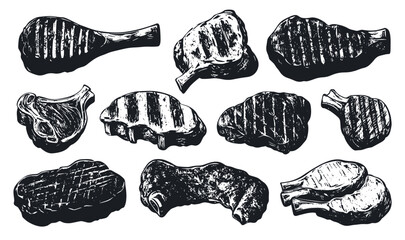 Wall Mural - Grilled Meat Hand-Drawn Linocut Grunge Texture Vector Set White Background with Distressed Design Culinary Art Vintage Graphics Barbecue Collection Meat Cuts Icons Cooking Design