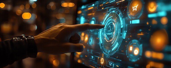 Poster - Mans hand touching a holographic screen with shopping cart and ecommerce icons, highlighting advanced digital retail technology