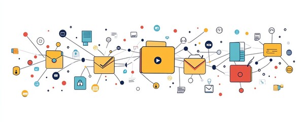Aufkleber - Minimalistic design of digital folder and document icons interconnected, isolated on white background, symbolizing data flow and organization