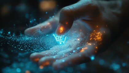 Poster - Mans finger touching a glowing hologram with shopping cart and ecommerce icons, futuristic digital shopping experience
