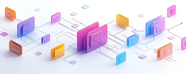 Fototapete - Minimalistic design of digital folder and document icons interconnected, isolated on white background, symbolizing data flow and organization