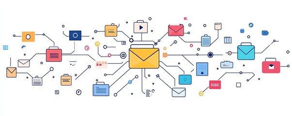 Fototapete - Minimalistic design of digital folder and document icons interconnected, isolated on white background, symbolizing data flow and organization