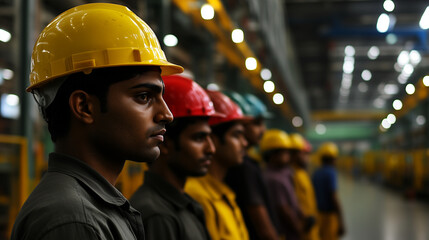 Indian workers stand side-by-side in brightly colored helmets, with the vast factory floor behind them, showcasing teamwork, professionalism, and the industrial setting.