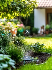 Poster - This vibrant garden showcases advanced technology, including automated sprinklers and soil sensors, promoting efficient water use and healthy plants. Generative AI