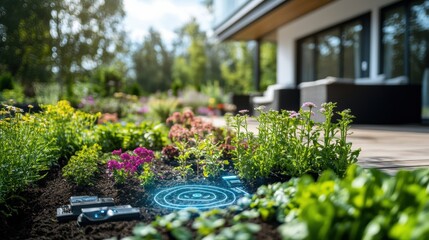 Poster - Lush flowers and plants thrive in a smart garden featuring advanced soil sensors and automated sprinklers that provide optimal care. Generative AI