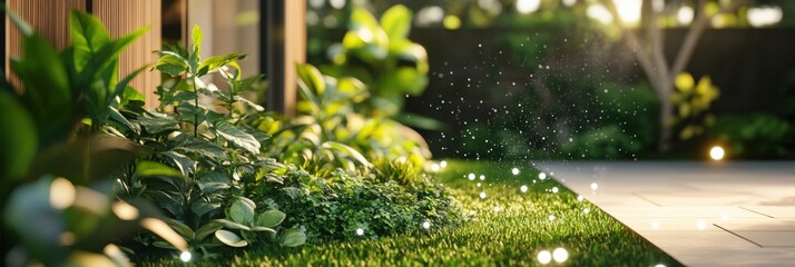 Poster - This lush garden features automated sprinklers and soil sensors, enhancing plant growth while enjoying sunlight in a serene outdoor setting. Generative AI