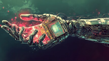 Aufkleber - A robotic hand with glowing red energy.